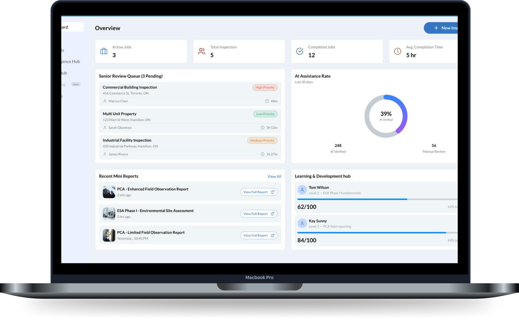 Inspectli Overview dashboard on MacBook Pro